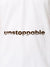 Close up of 'Unstoppable' design on Women's White Polo T-shirt, highlighting intricate details and vibrant print.