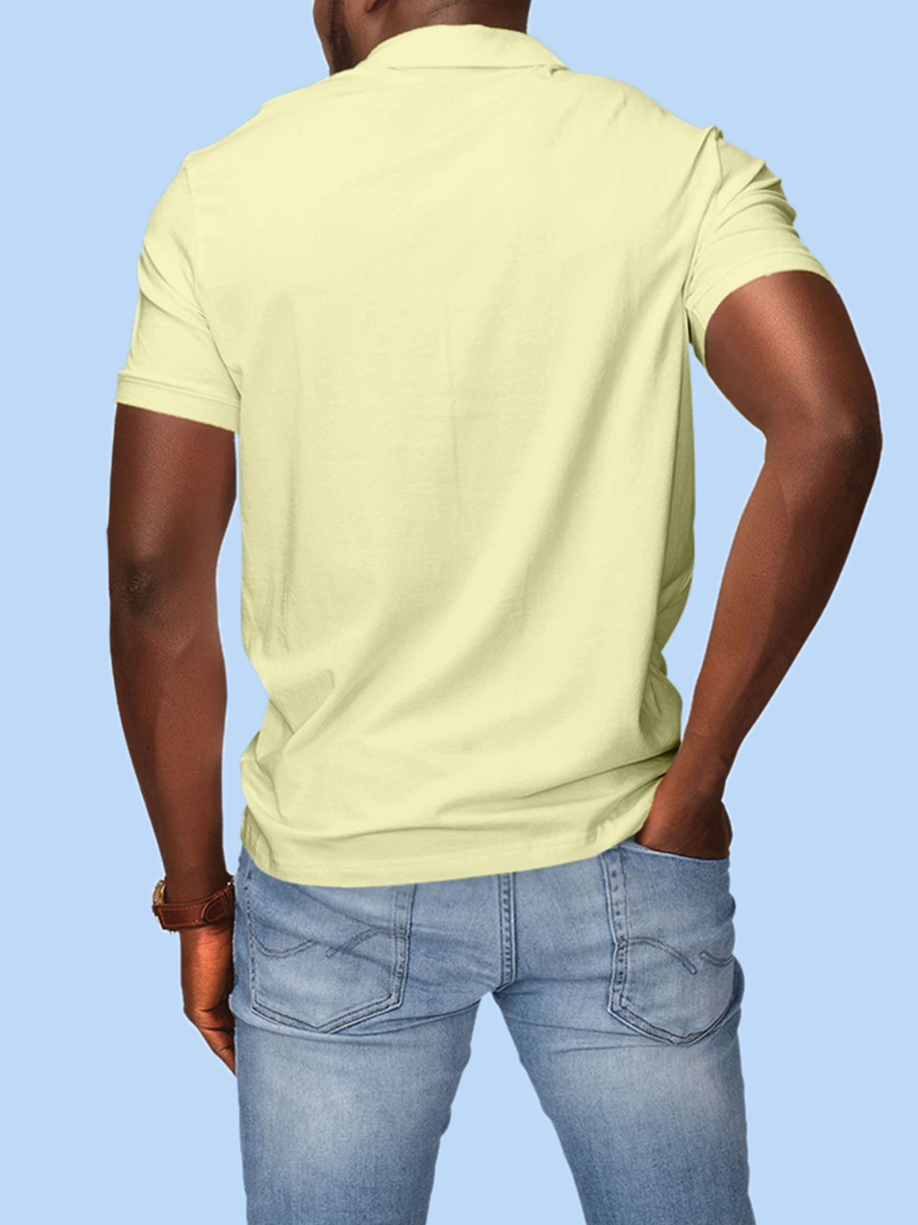 Back view of Fighterhero Men's Yellow Polo T-shirt, highlighting the modern look and clean finish