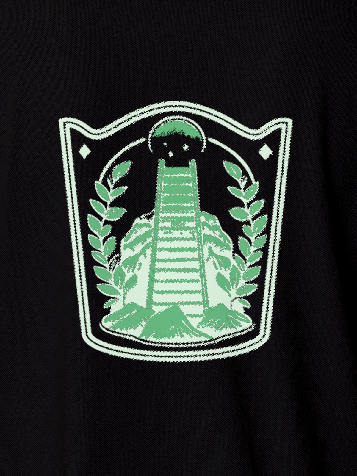 Close up of 'Ambition' design on Women's Black Polo T-shirt, highlighting intricate details and vibrant print.
