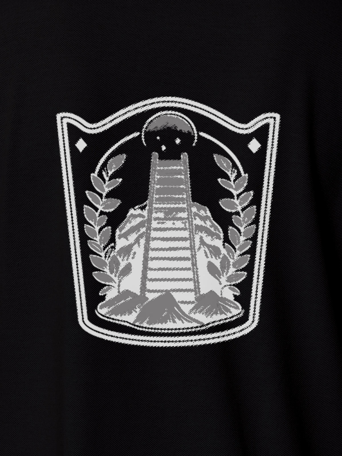 Close up of 'Ambition' design on Women's Black Polo T-shirt, highlighting intricate details and vibrant print.