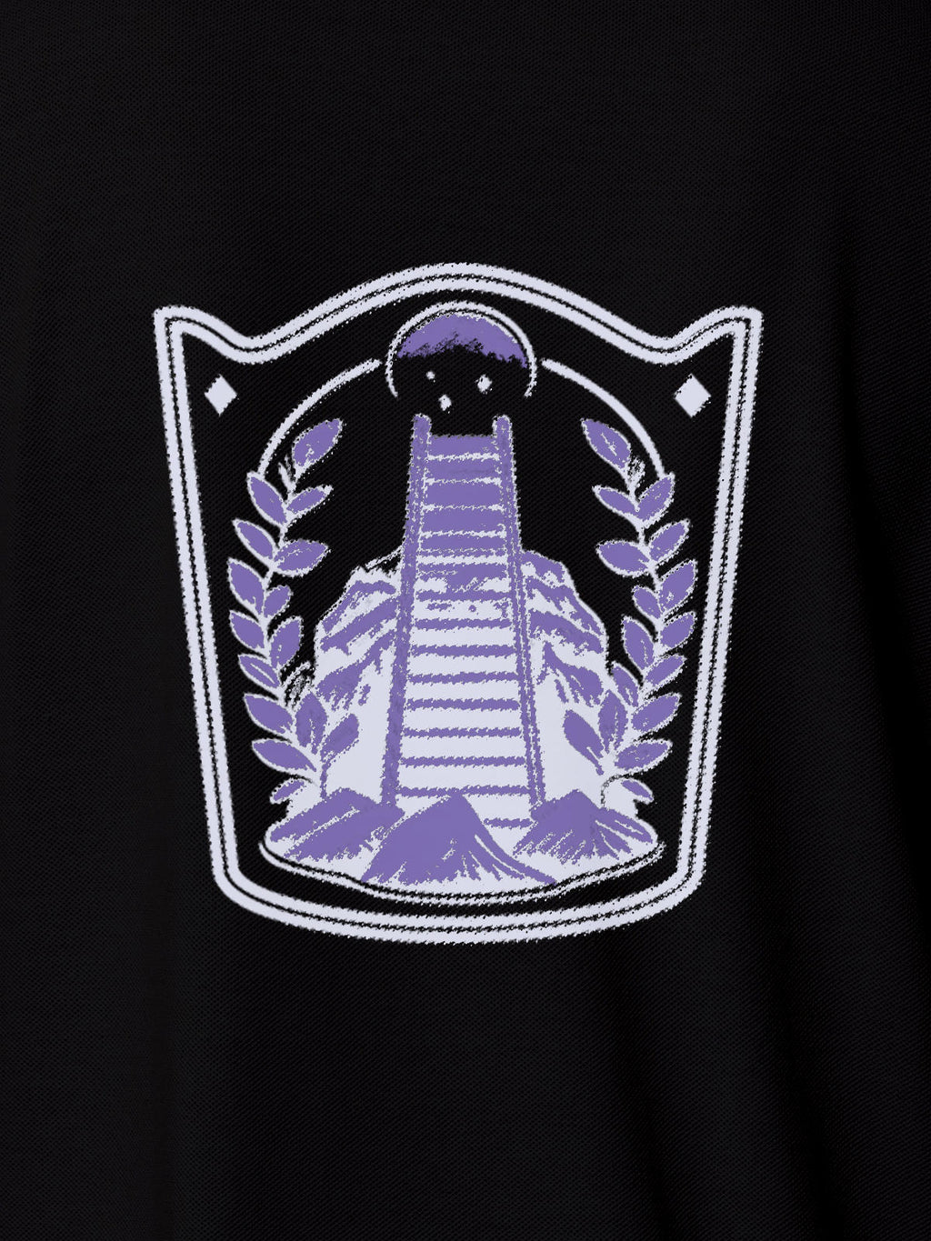 Close up of 'Ambition' design on Women's Black Polo T-shirt, highlighting intricate details and vibrant print.