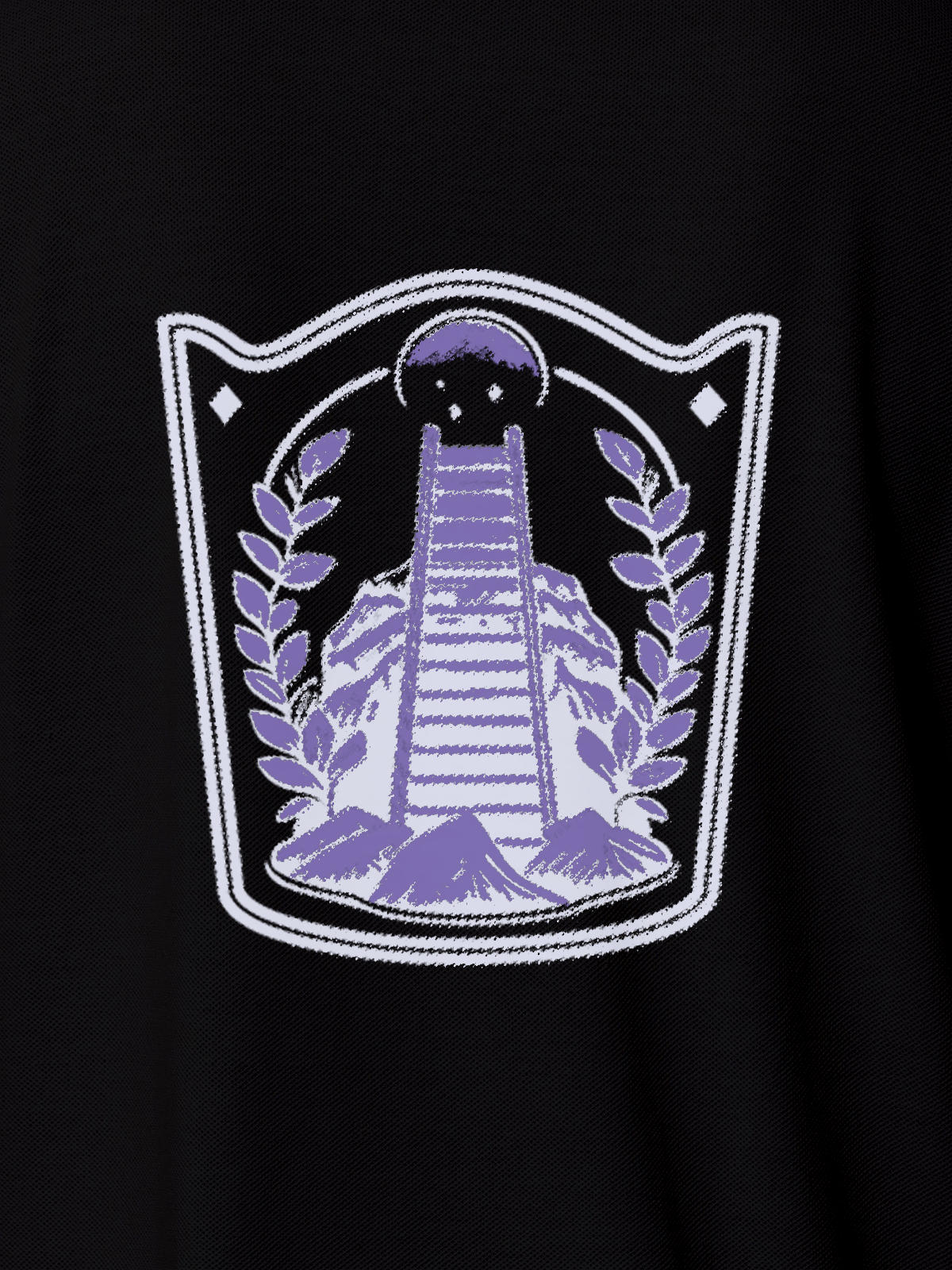 Close up of 'Ambition' design on Women's Black Polo T-shirt, highlighting intricate details and vibrant print.