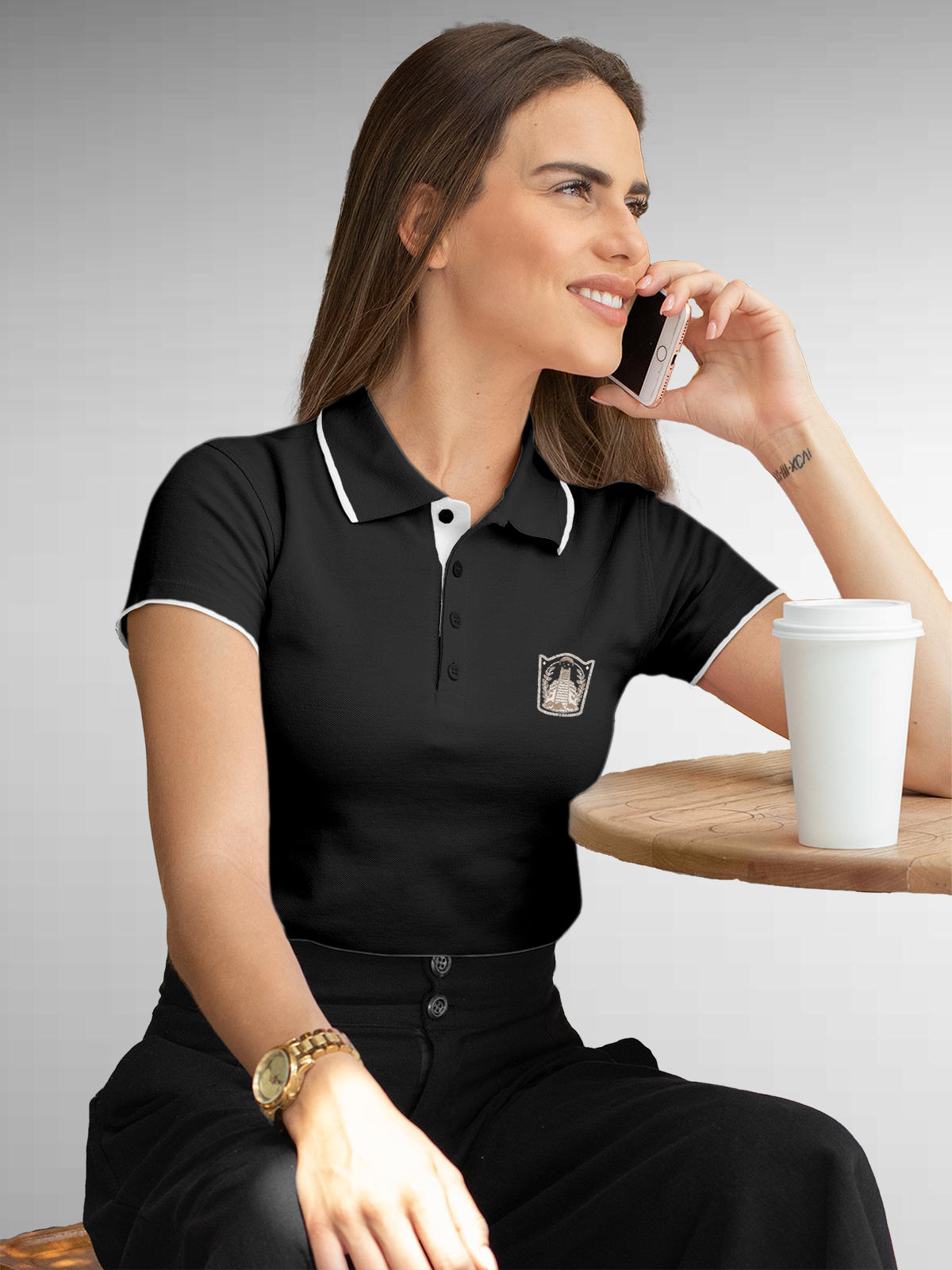 Model wearing Women's Dark Grey Polo T-shirt with 'Ambition' design, offering effortless style and premium comfort