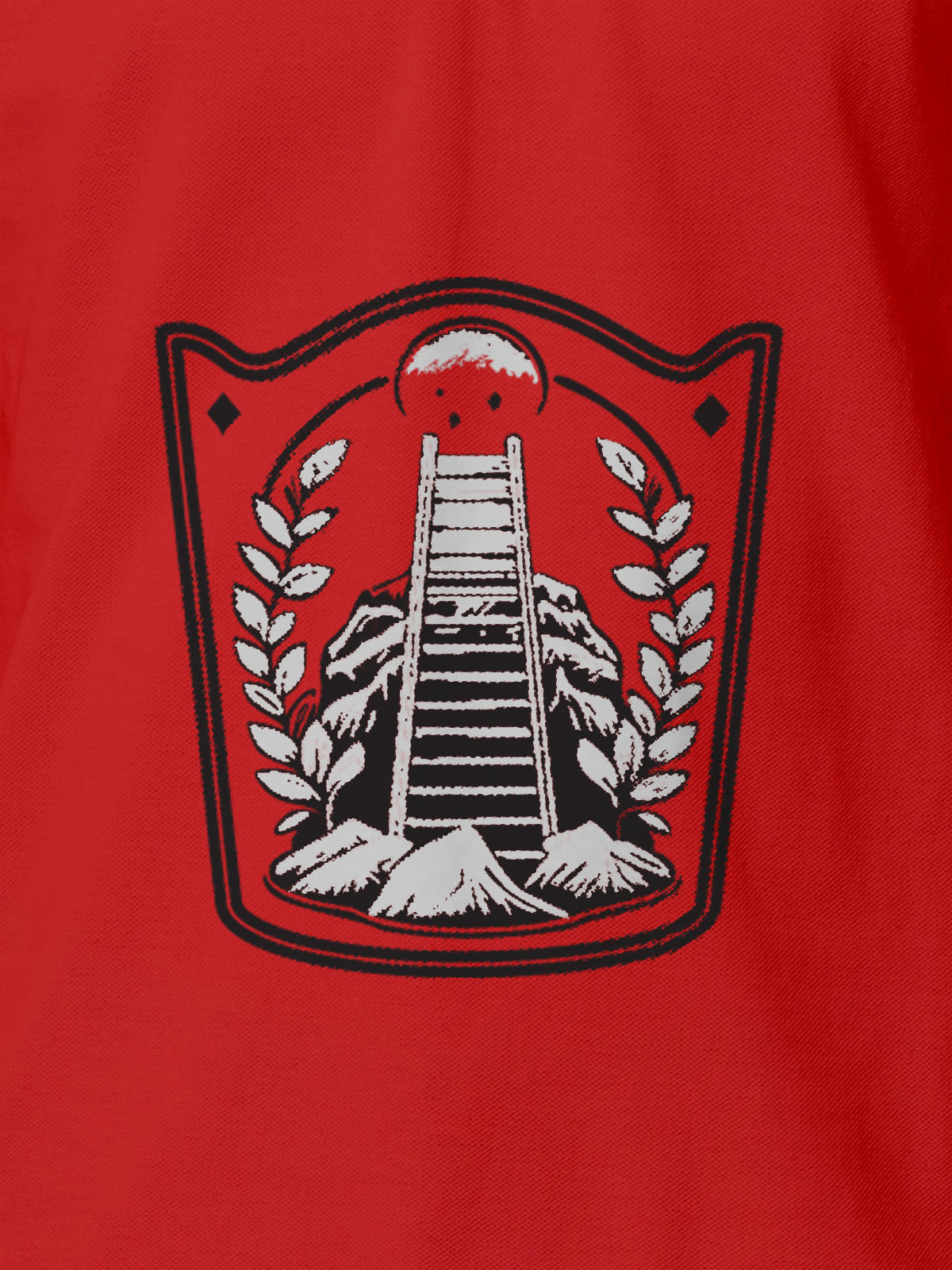 Close up of 'Ambition' design on Men's Red Polo T-shirt, highlighting intricate details and vibrant print.