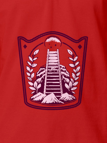 Close up of 'Ambition' design on Men's Red Polo T-shirt, highlighting intricate details and vibrant print.