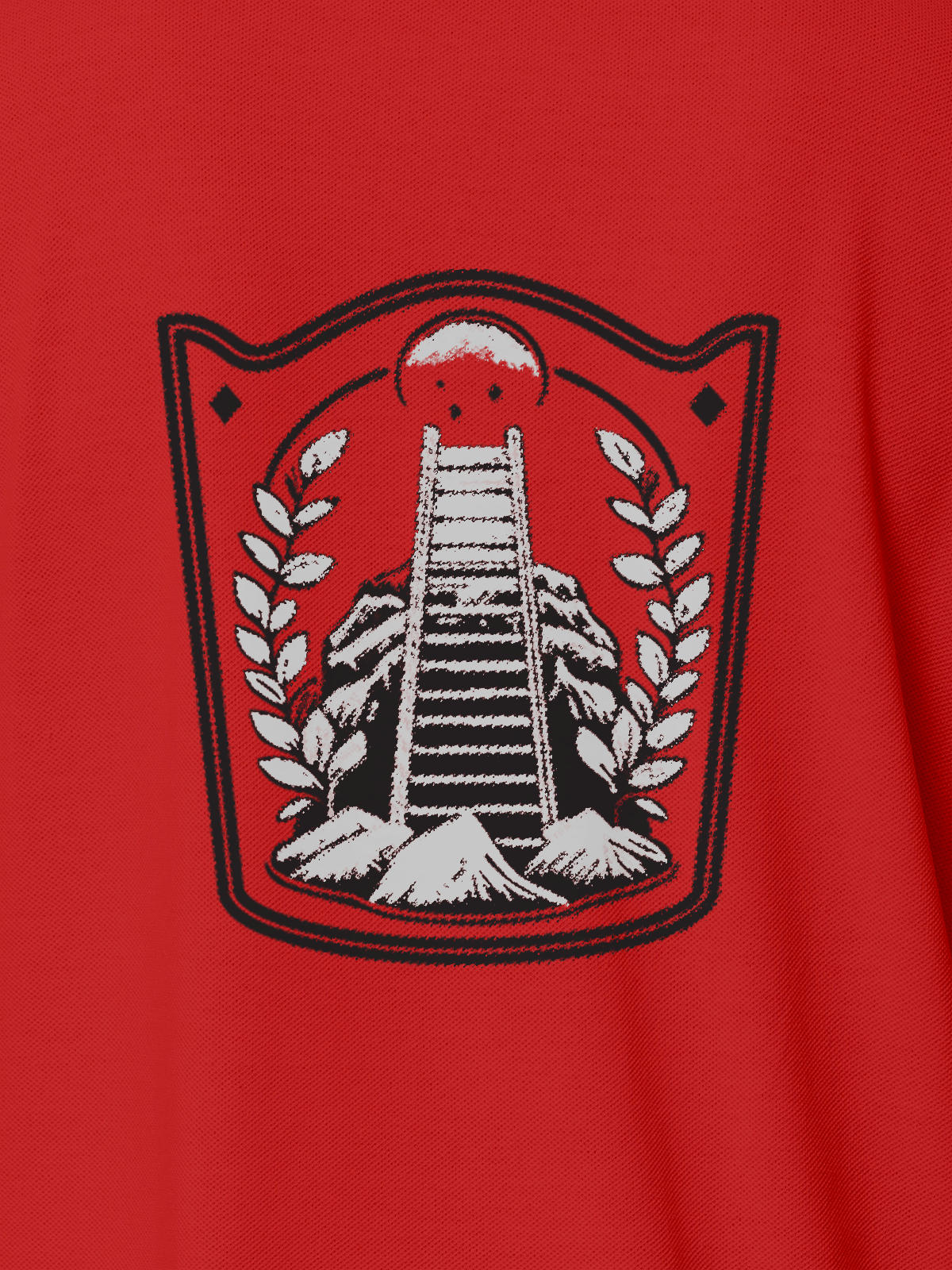 Close up of 'Ambition' design on Women's Red Polo T-shirt, highlighting intricate details and vibrant print.