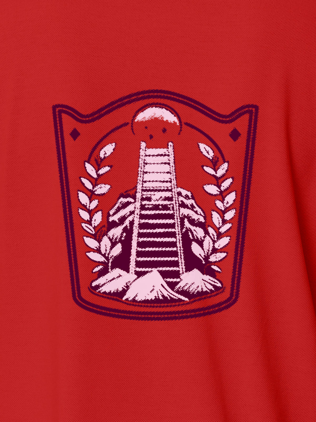Close up of 'Ambition' design on Women's Red Polo T-shirt, highlighting intricate details and vibrant print.