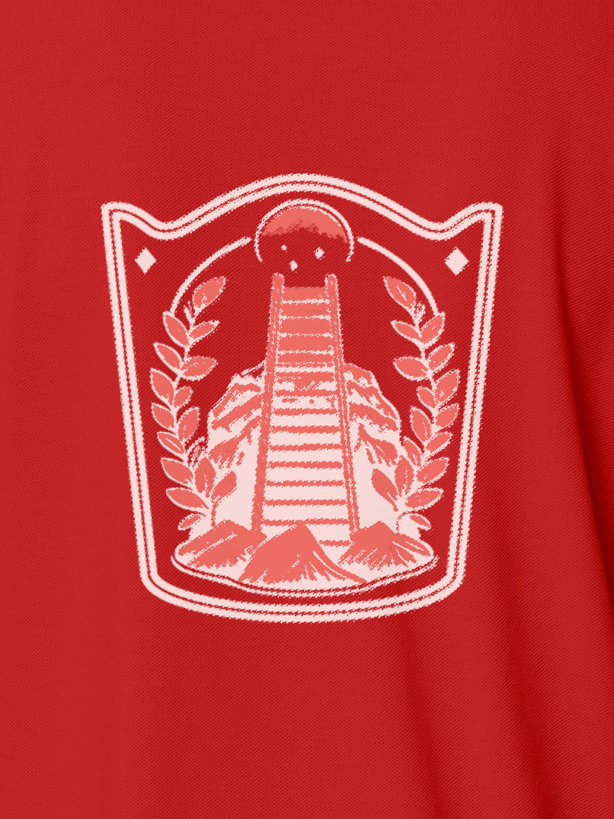 Close up of 'Ambition' design on Women's Red Polo T-shirt, highlighting intricate details and vibrant print.