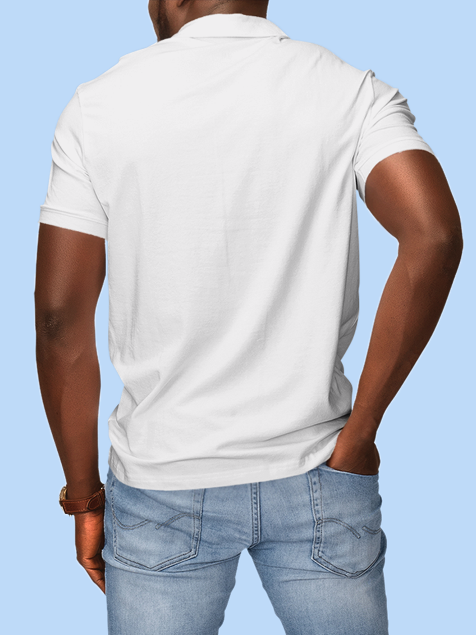 Back view of Fighterhero Men's White Polo T-shirt, highlighting the modern look and clean finish