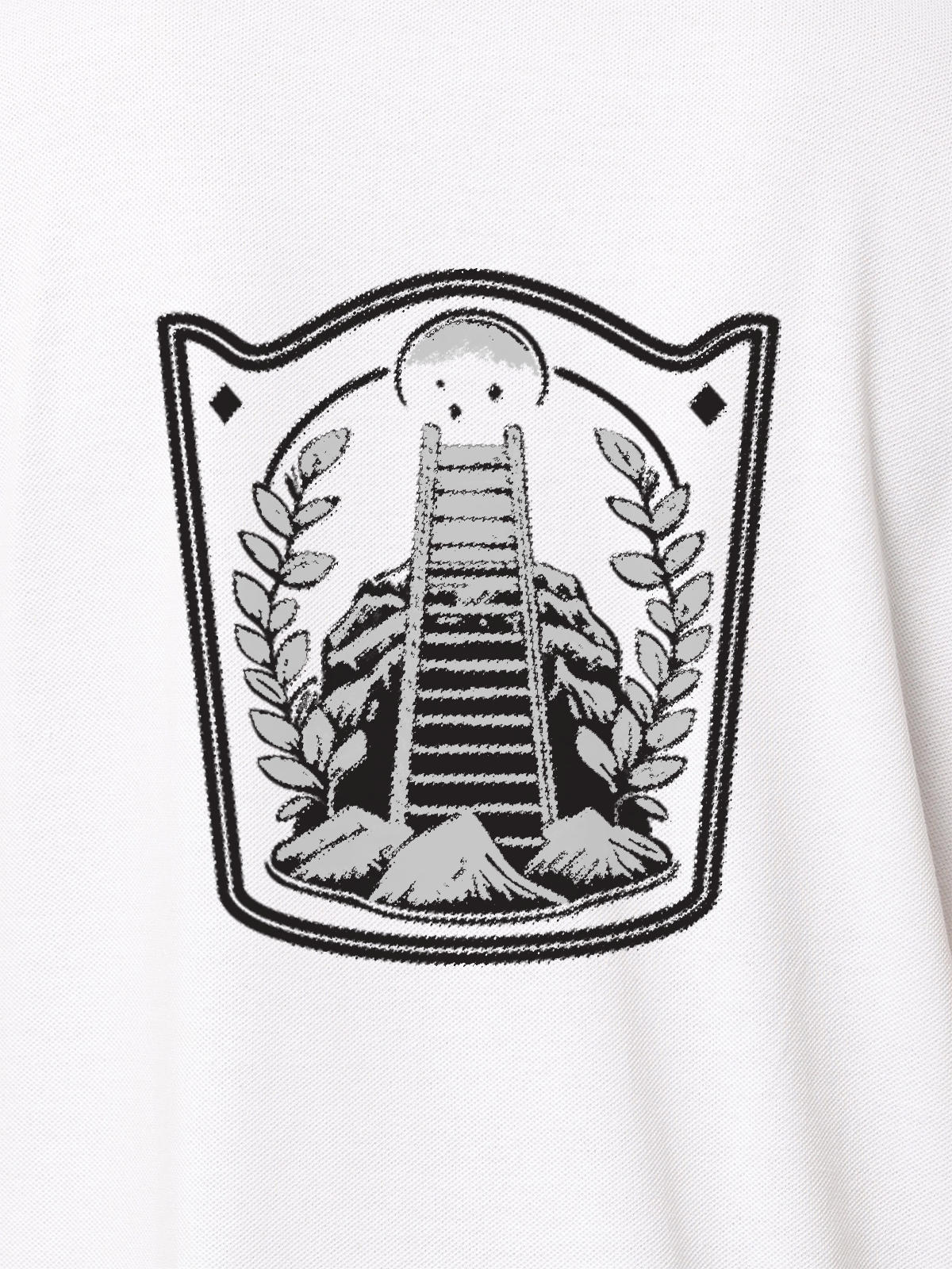 Close up of 'Ambition' design on Women's White Polo T-shirt, highlighting intricate details and vibrant print.