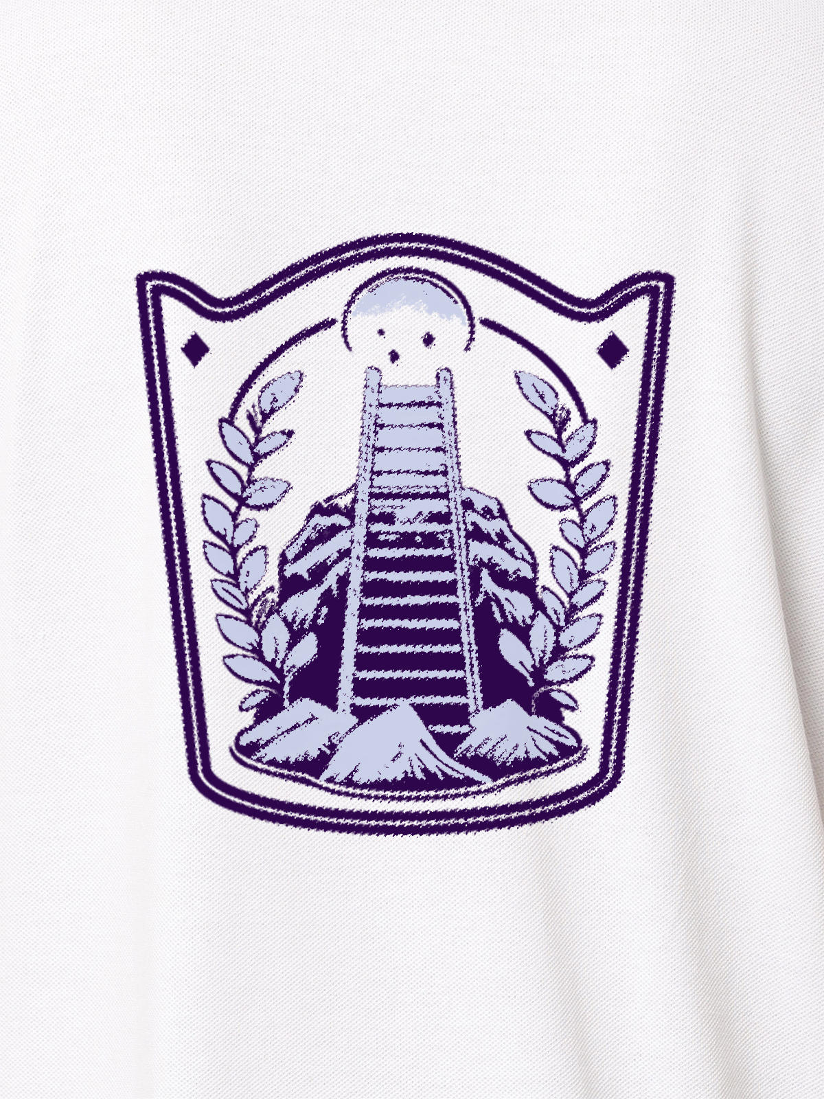 Close up of 'Ambition' design on Women's White Polo T-shirt, highlighting intricate details and vibrant print.