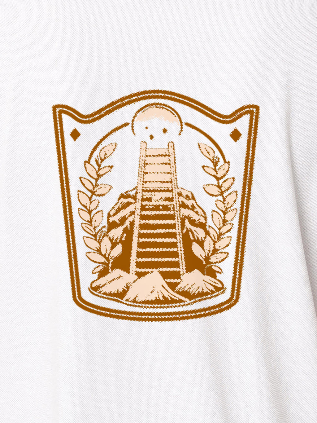 Close up of 'Ambition' design on Women's White Polo T-shirt, highlighting intricate details and vibrant print.