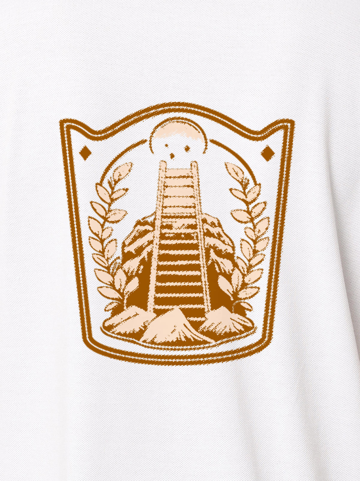 Close up of 'Ambition' design on Women's White Polo T-shirt, highlighting intricate details and vibrant print.