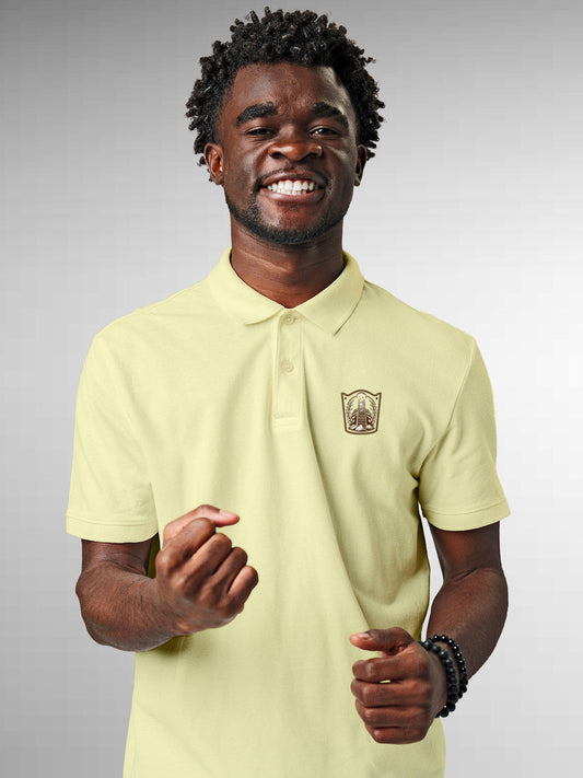 Model wearing Men's Yellow Polo T-shirt with 'Ambition' design, offering effortless style and premium comfort