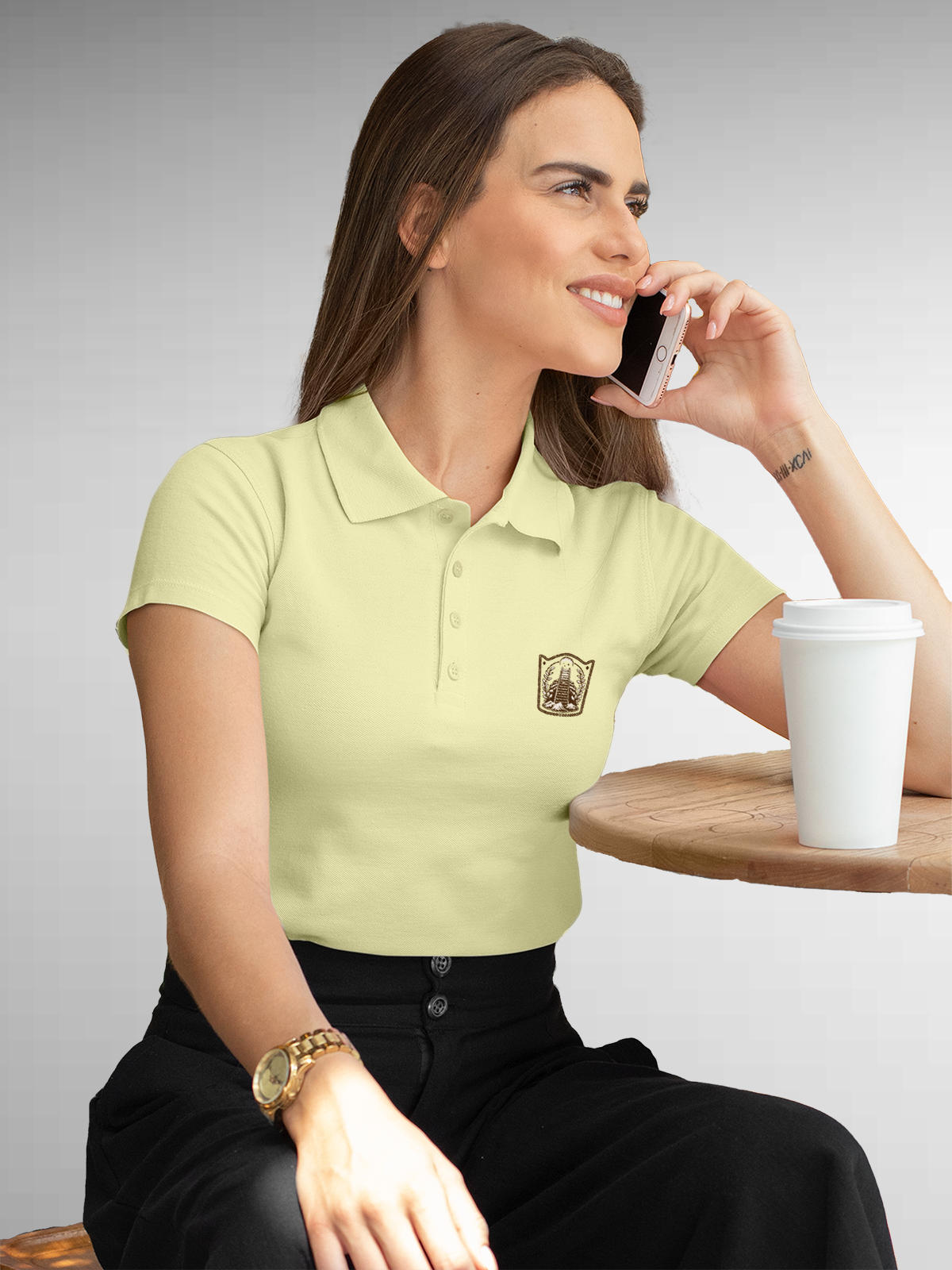 Model wearing Women's Yellow Polo T-shirt with 'Ambition' design, offering effortless style and premium comfort