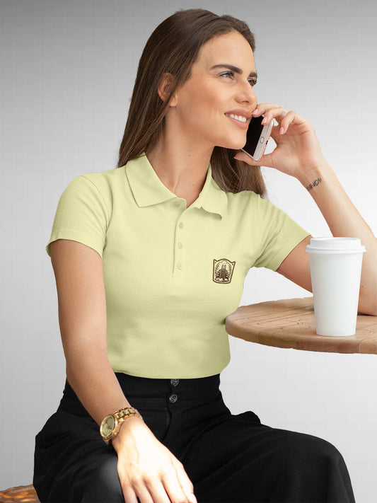 Model wearing Women's Yellow Polo T-shirt with 'Ambition' design, offering effortless style and premium comfort