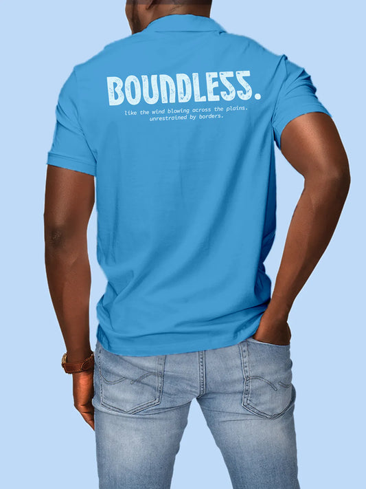 Fighterhero Polos: Model wearing Men's Blue Polo T-shirt with 'Free & Boundless' design