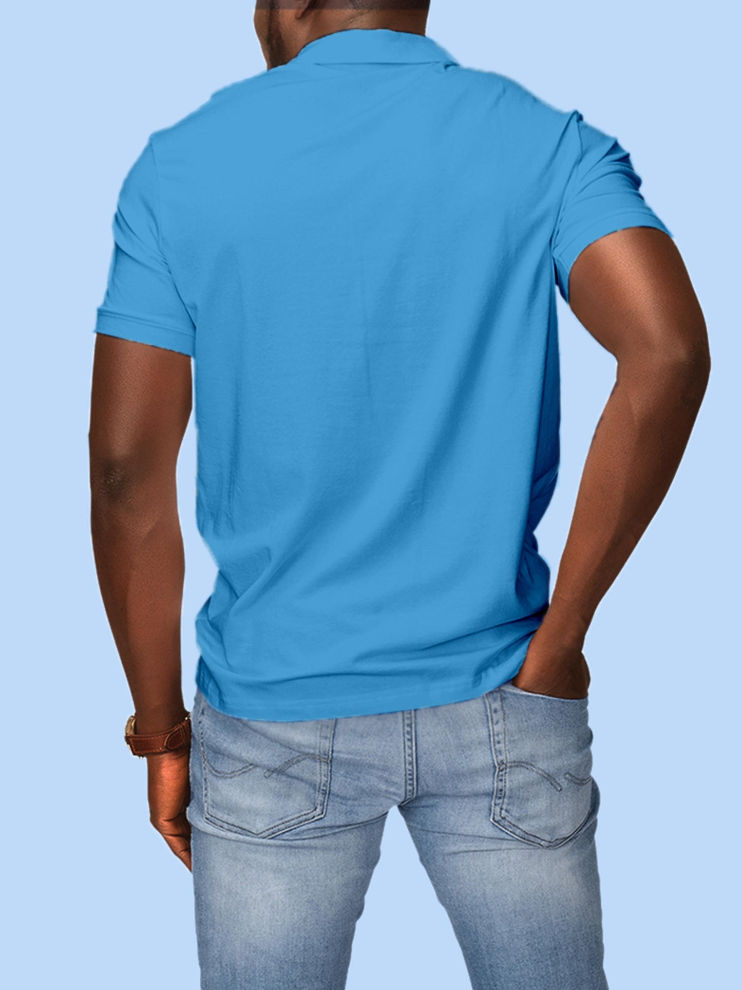 Back view of Fighterhero Men's Blue Polo T-shirt, highlighting the modern look and clean finish