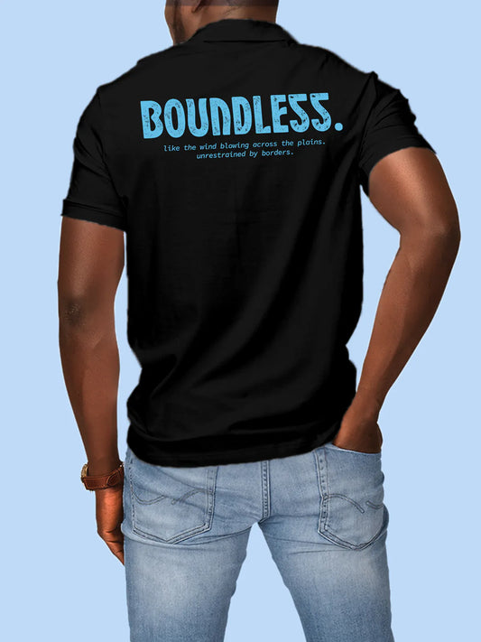 Fighterhero Polos: Model wearing Men's Black Polo T-shirt with 'Free & Boundless' design