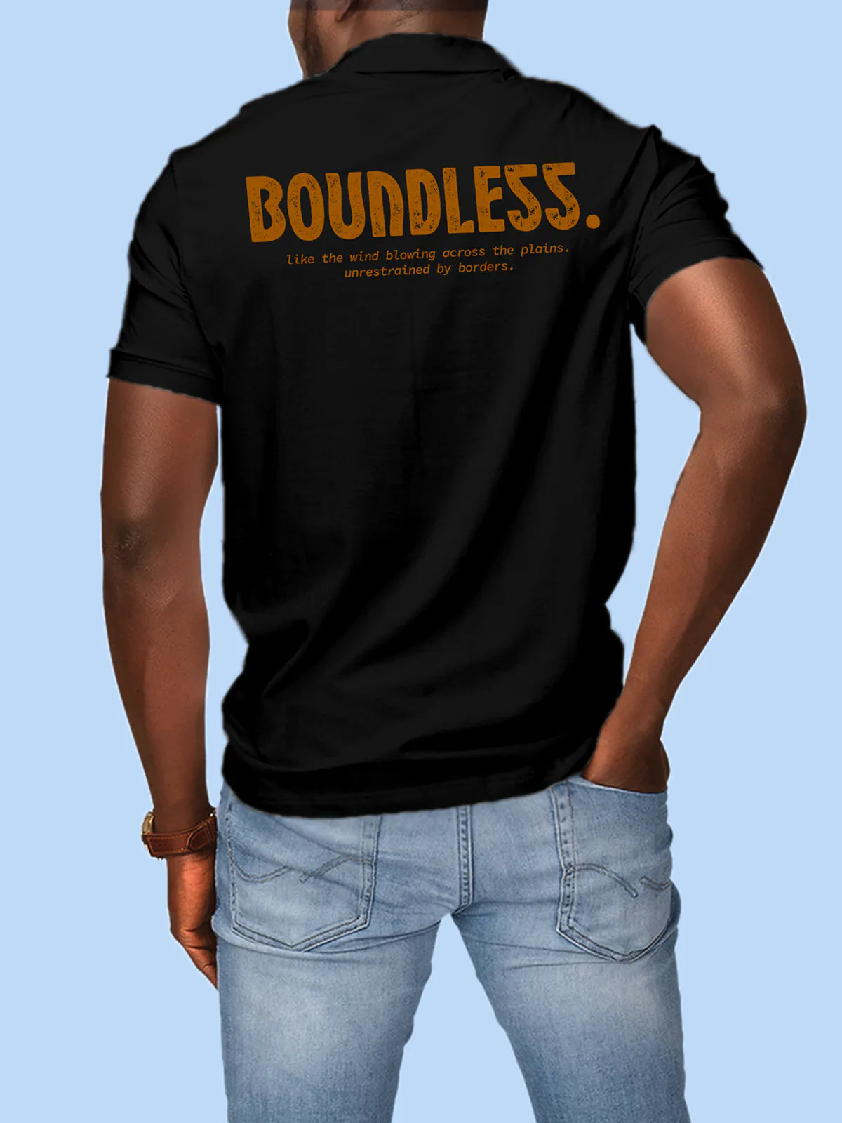 Model wearing Men's Black Collar T-shirt with a broken chain design on the chest and 'Boundless' text on the sleeve.