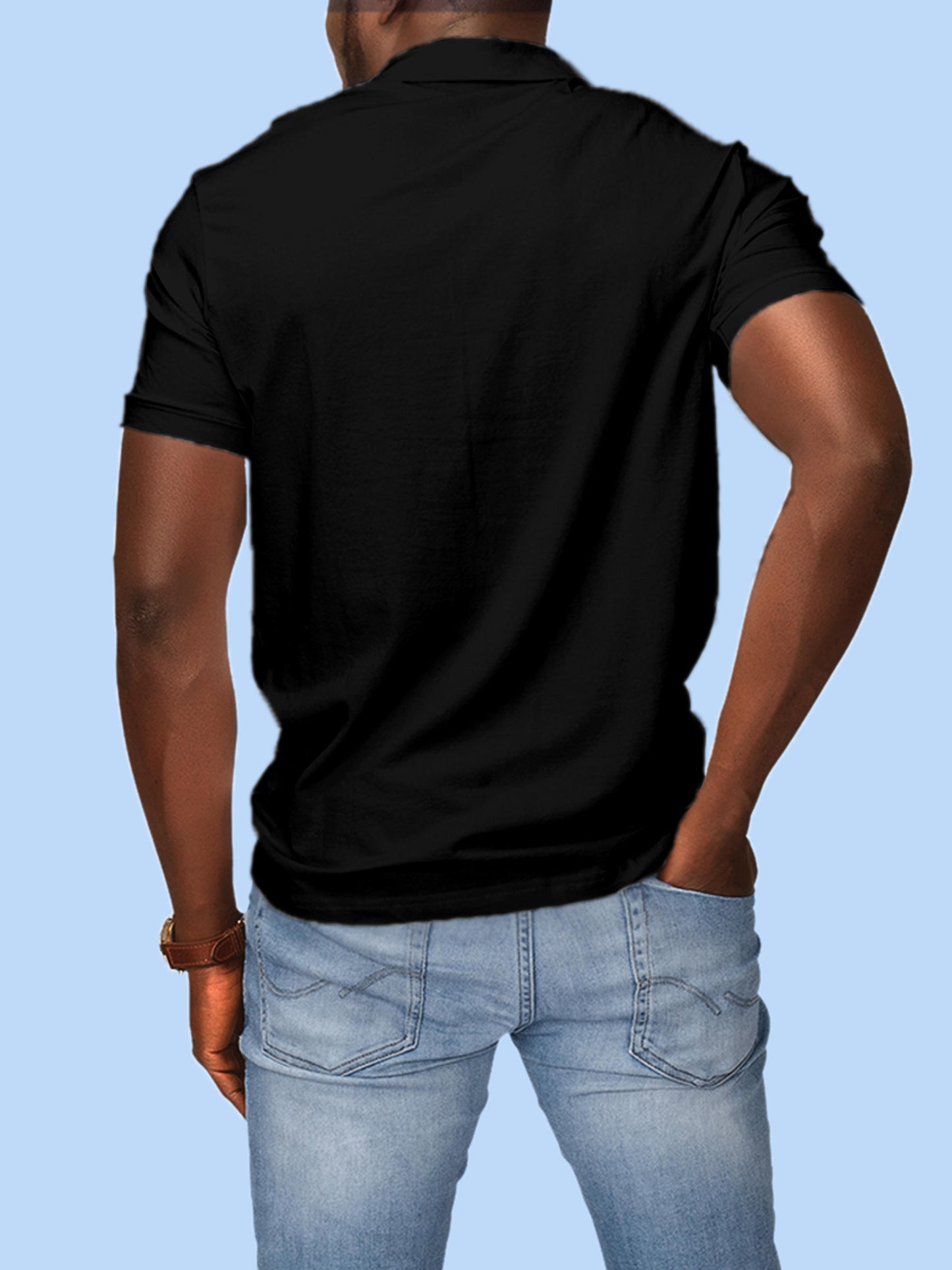 Back view of Fighterhero Men's Black Polo T-shirt, highlighting the modern look and clean finish