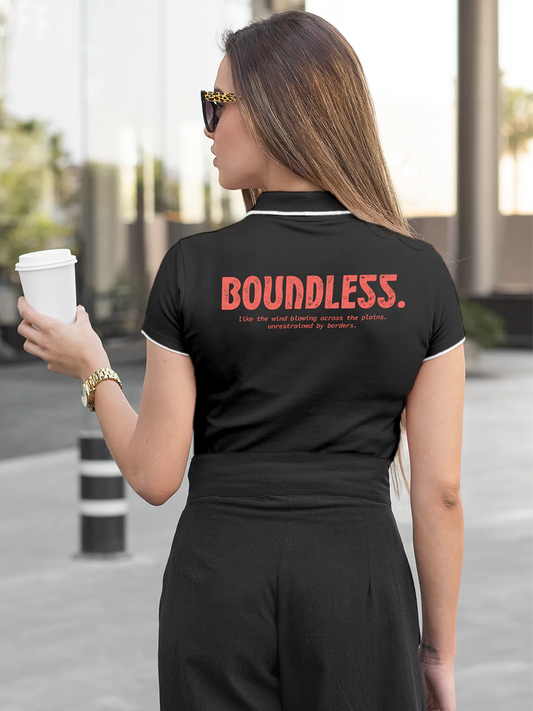 Fighterhero Polos: Model wearing Women's Dark Grey Polo T-shirt with 'Free & Boundless' design