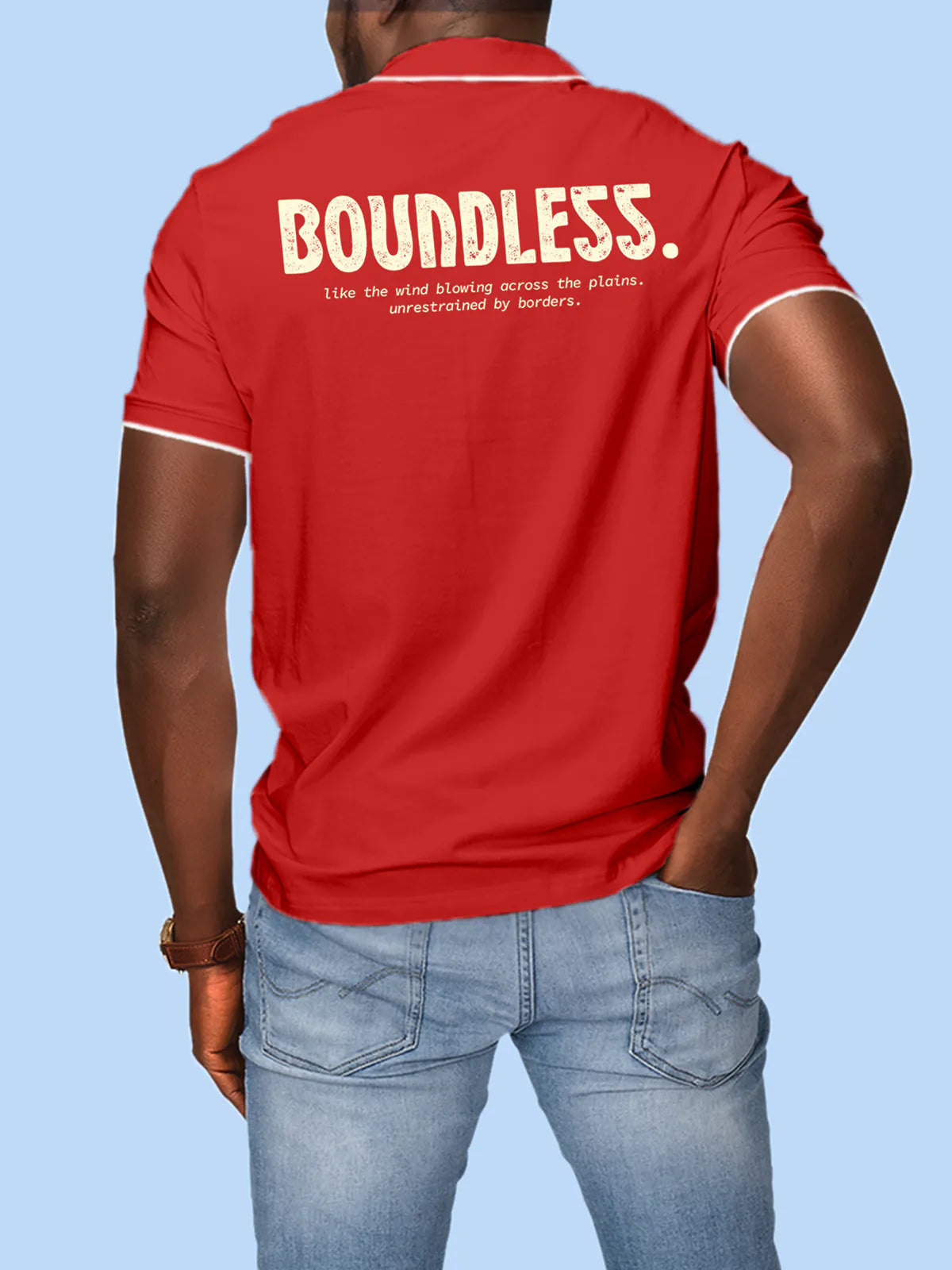 Model wearing Men's Red Collar T-shirt with a broken chain design on the chest and 'Boundless' text on the sleeve.