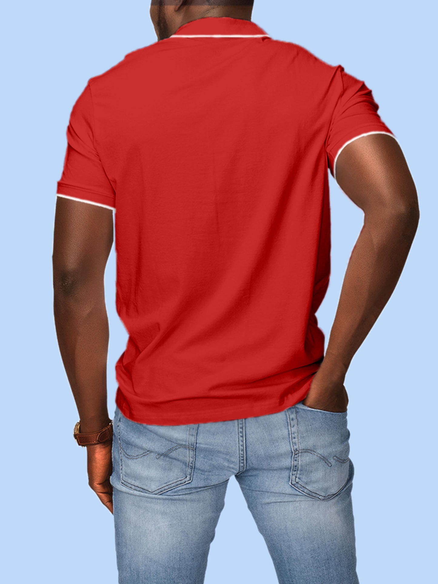Back view of Fighterhero Men's Red Polo T-shirt, highlighting the modern look and clean finish
