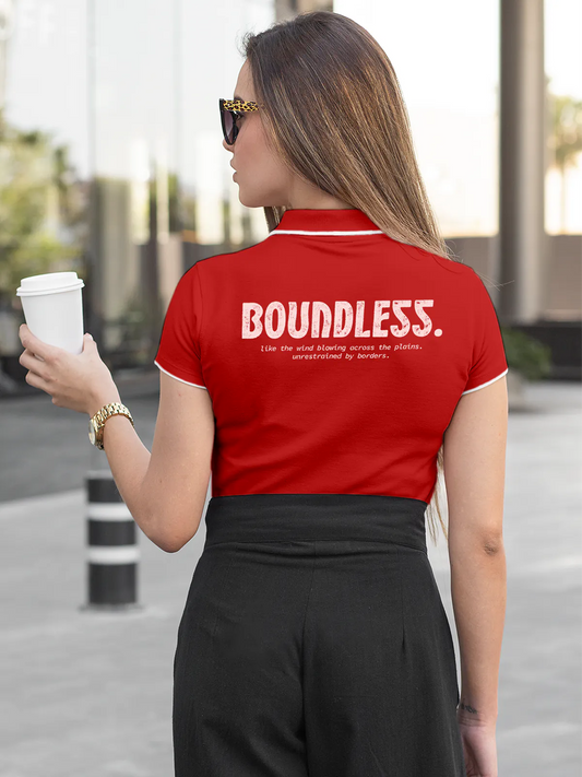 Fighterhero Polos: Model wearing Women's Red Polo T-shirt with 'Free & Boundless' design