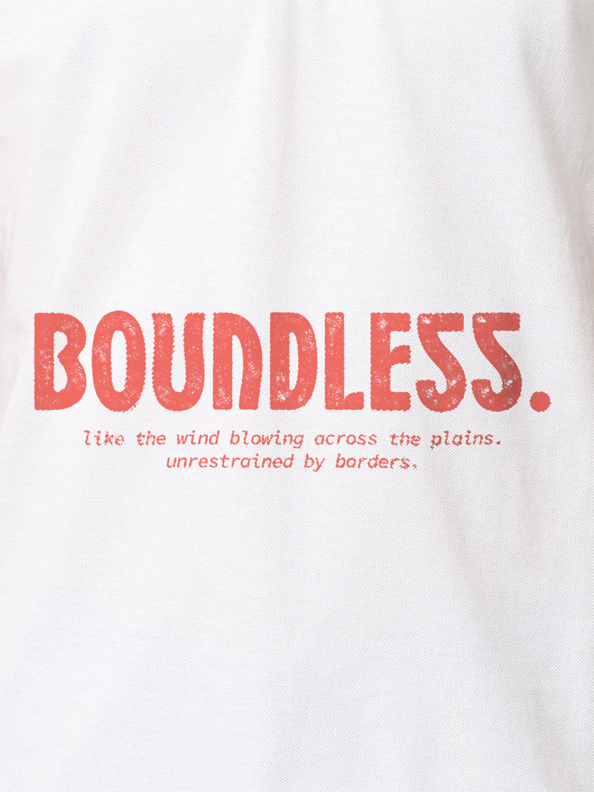 Close up of 'Free & Boundless' design on Men's White Polo T-shirt, highlighting intricate details and vibrant print.