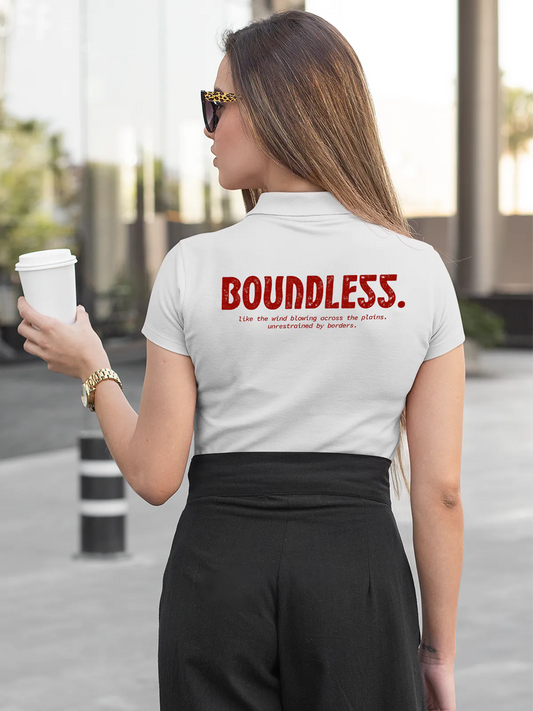 Fighterhero Polos: Model wearing Women's White Polo T-shirt with 'Free & Boundless' design
