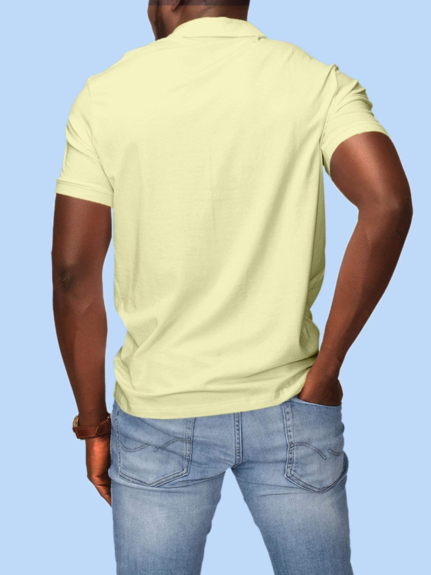 Back view of Fighterhero Men's Yellow Polo T-shirt, highlighting the modern look and clean finish