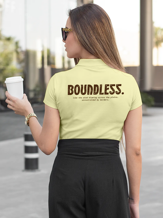 Fighterhero Polos: Model wearing Women's Yellow Polo T-shirt with 'Free & Boundless' design