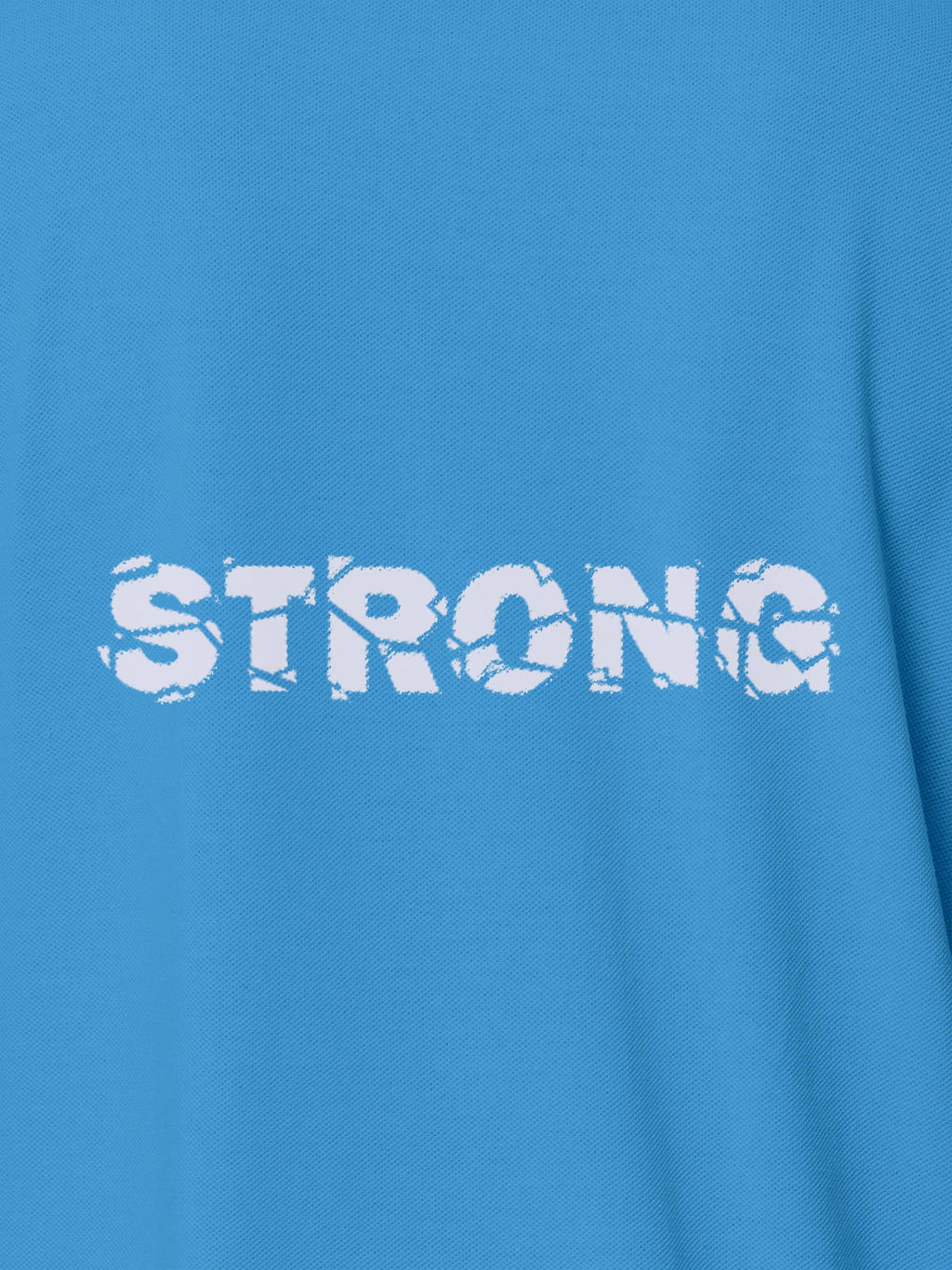 Close up of 'Strong' design on Men's Blue Polo T-shirt, highlighting intricate details and vibrant print.
