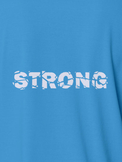 Close up of 'Strong' design on Men's Blue Polo T-shirt, highlighting intricate details and vibrant print.