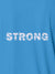 Close up of 'Strong' design on Men's Blue Polo T-shirt, highlighting intricate details and vibrant print.