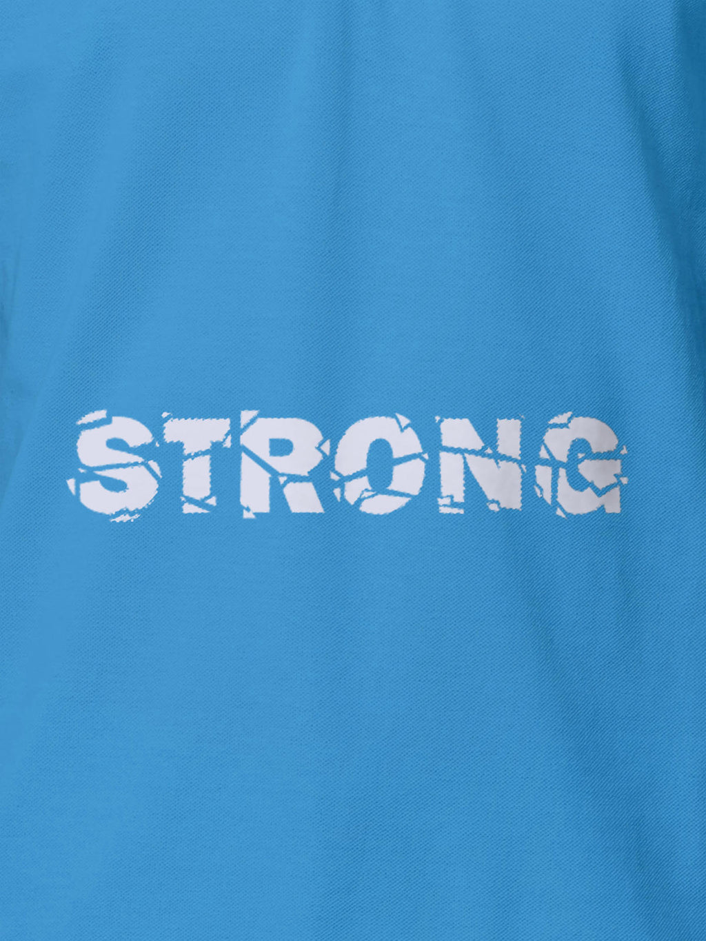 Close up of 'Strong' design on Women's Blue Polo T-shirt, highlighting intricate details and vibrant print.
