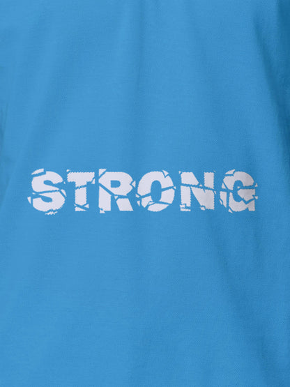 Close up of 'Strong' design on Women's Blue Polo T-shirt, highlighting intricate details and vibrant print.