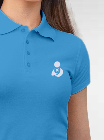 Back view of Fighterhero Women's Blue Polo T-shirt, highlighting the modern look and clean finish