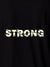 Close up of 'Strong' design on Men's Black Polo T-shirt, highlighting intricate details and vibrant print.