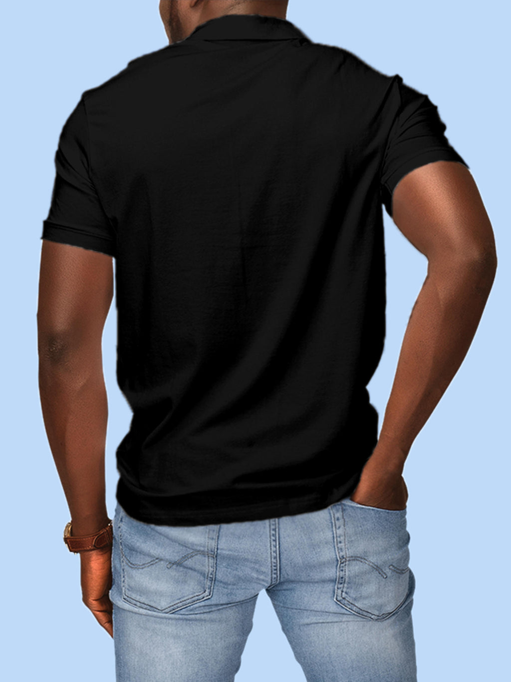 Back view of Fighterhero Men's Black Polo T-shirt, highlighting the modern look and clean finish