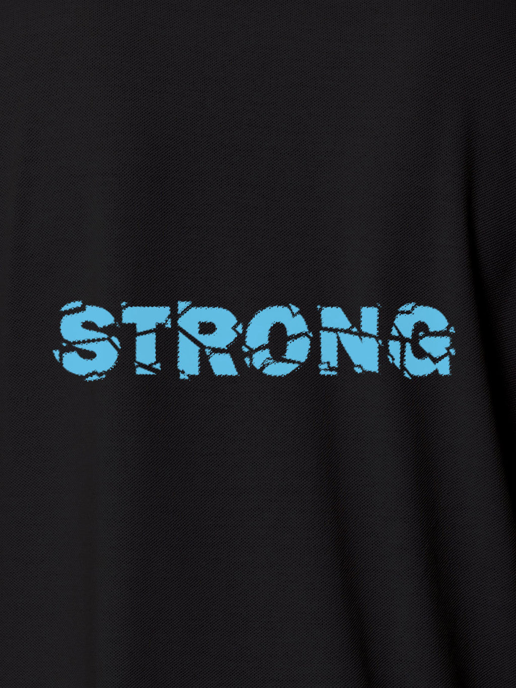 Close up of 'Strong' design on Men's Dark Grey Polo T-shirt, highlighting intricate details and vibrant print.