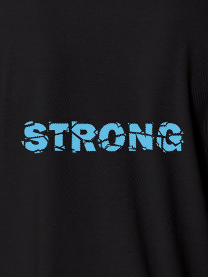 Close up of 'Strong' design on Men's Dark Grey Polo T-shirt, highlighting intricate details and vibrant print.