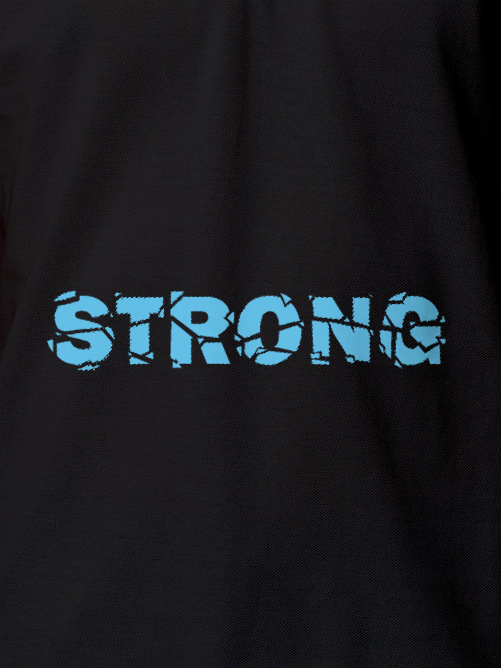 Close up of 'Strong' design on Women's Dark Grey Polo T-shirt, highlighting intricate details and vibrant print.