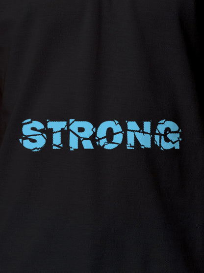 Close up of 'Strong' design on Women's Dark Grey Polo T-shirt, highlighting intricate details and vibrant print.