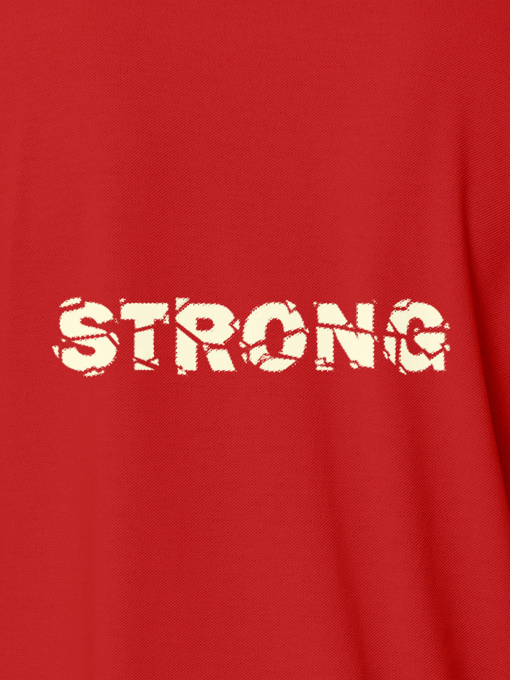 Close up of 'Strong' design on Men's Red Polo T-shirt, highlighting intricate details and vibrant print.