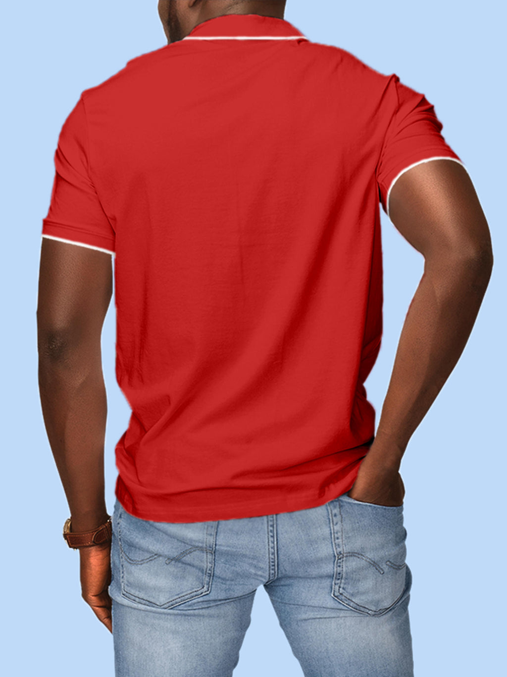 Back view of Fighterhero Men's Red Polo T-shirt, highlighting the modern look and clean finish