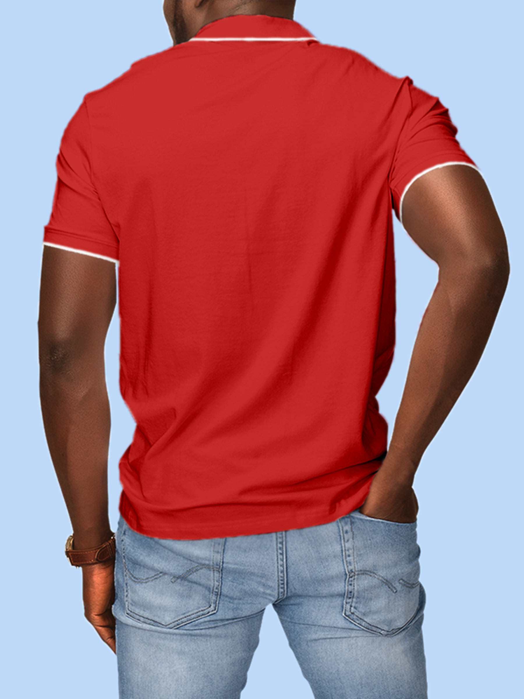 Back view of Fighterhero Men's Red Polo T-shirt, highlighting the modern look and clean finish