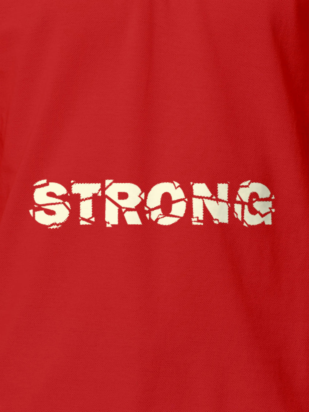 Close up of 'Strong' design on Women's Red Polo T-shirt, highlighting intricate details and vibrant print.