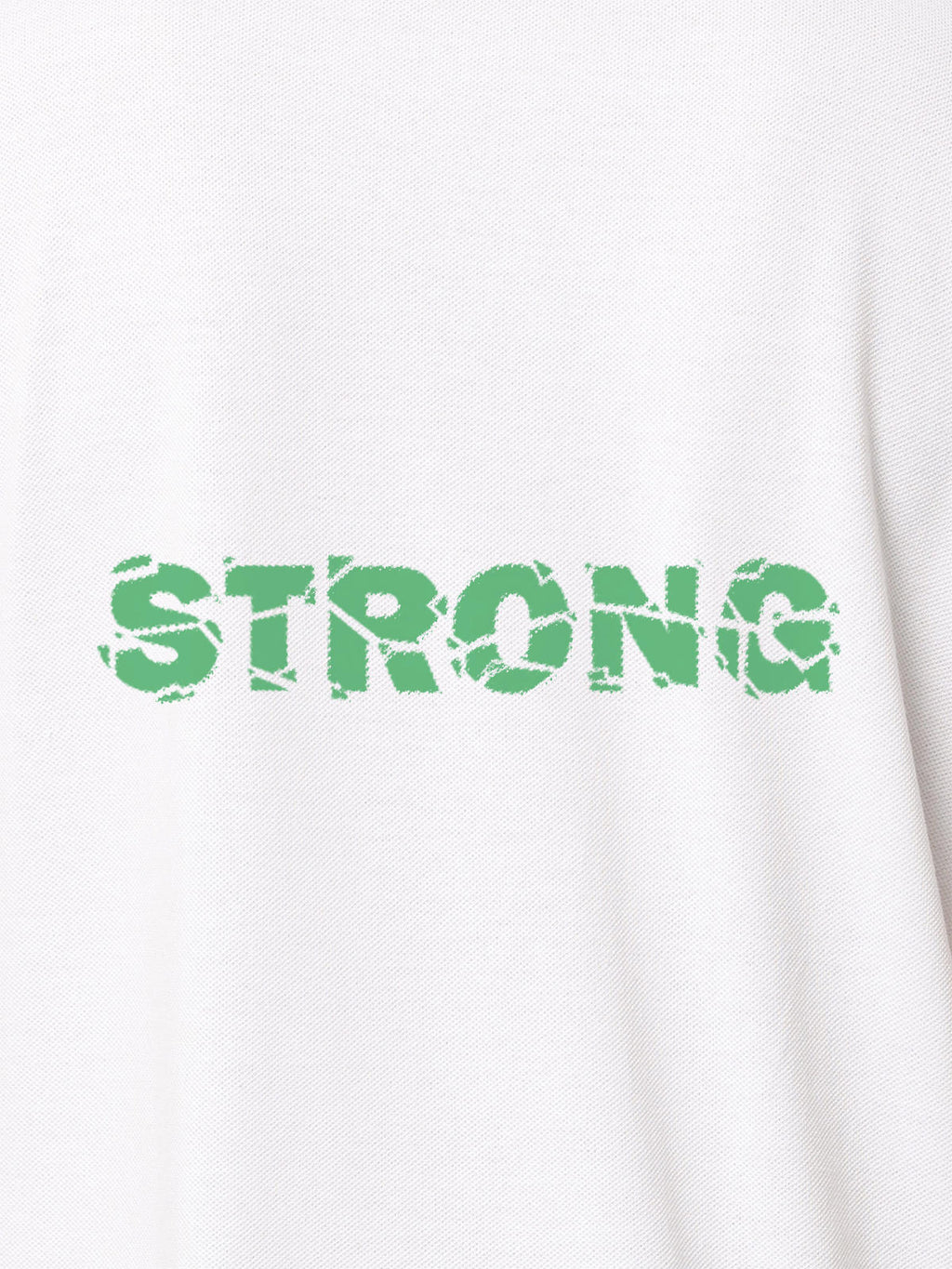 Close up of 'Strong' design on Men's White Polo T-shirt, highlighting intricate details and vibrant print.